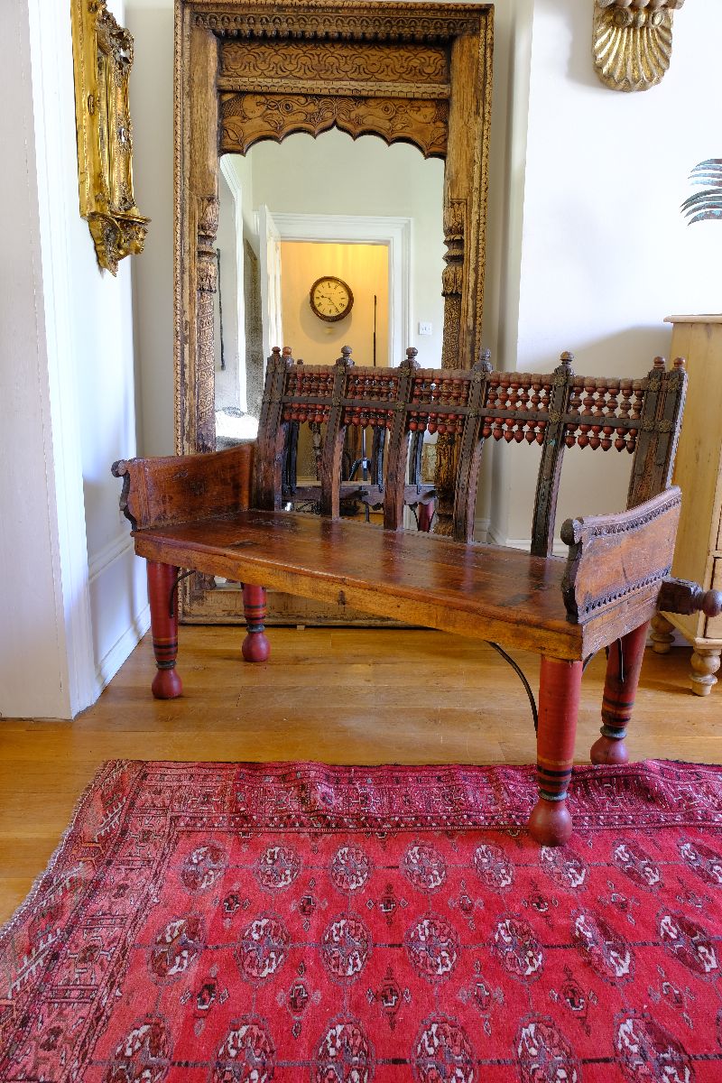 Late 19th Century Gujarati Hardwood Hall Bench with Original Polychrome Finish, Turned Gallery Back and Brass Rosette Mounts