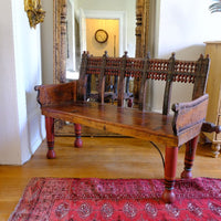 Late 19th Century Gujarati Hardwood Hall Bench with Original Polychrome Finish, Turned Gallery Back and Brass Rosette Mounts