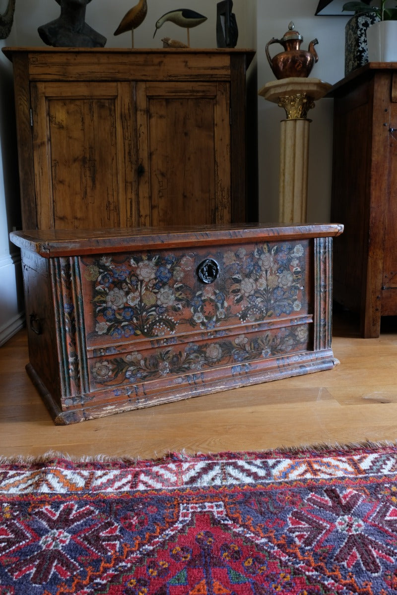 Hand Painted Folk Art Coffer Chest with A Floral Design