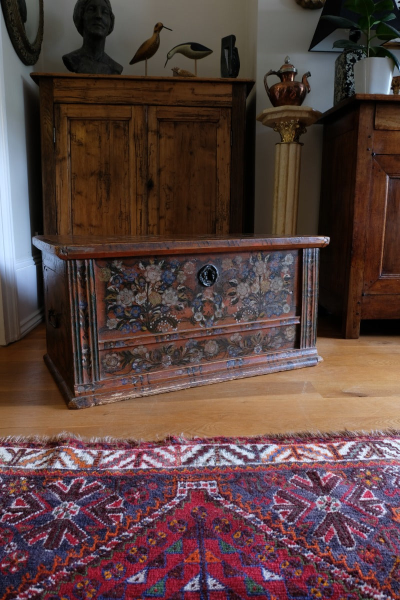 Hand Painted Folk Art Coffer Chest with A Floral Design