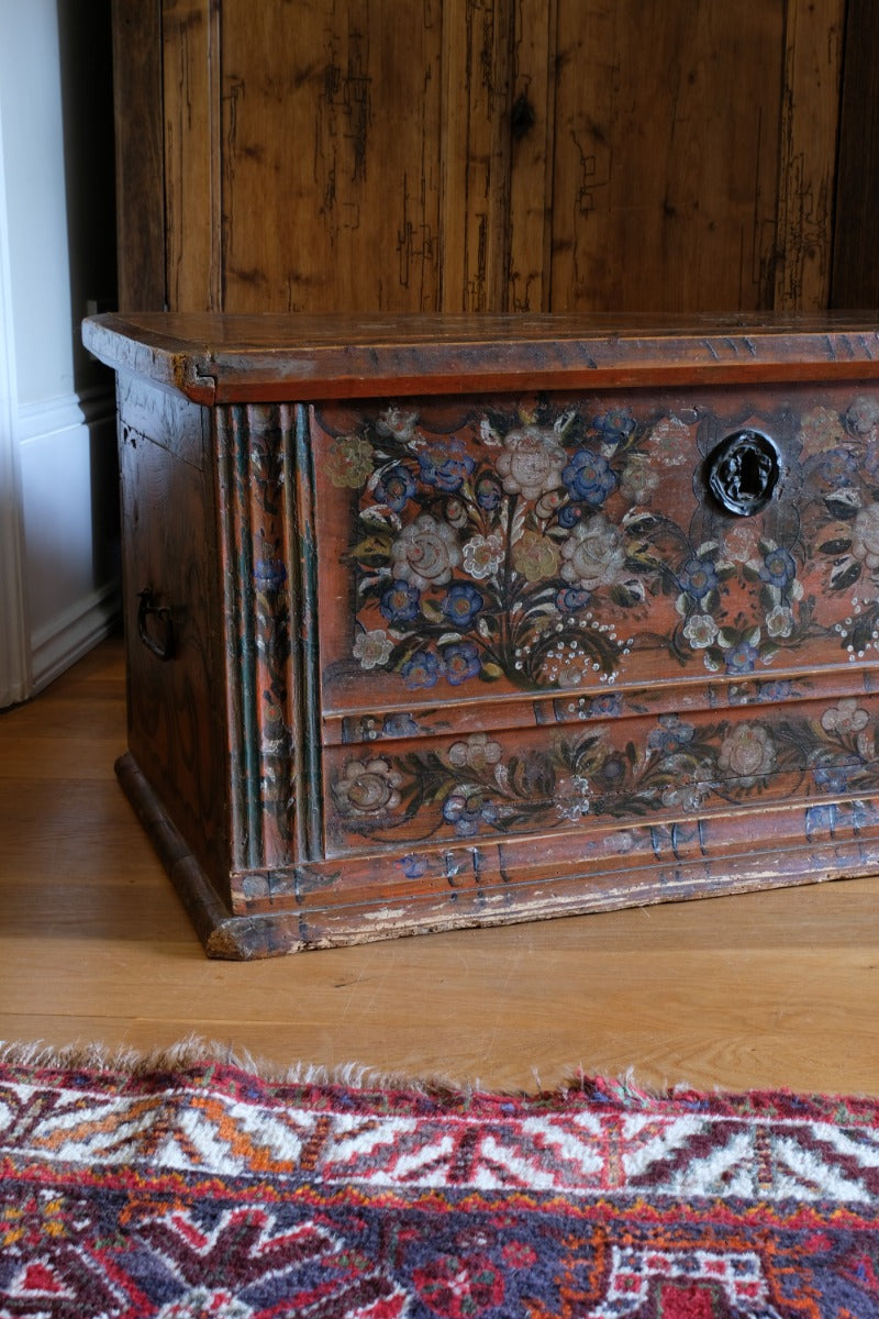 Hand Painted Folk Art Coffer Chest with A Floral Design