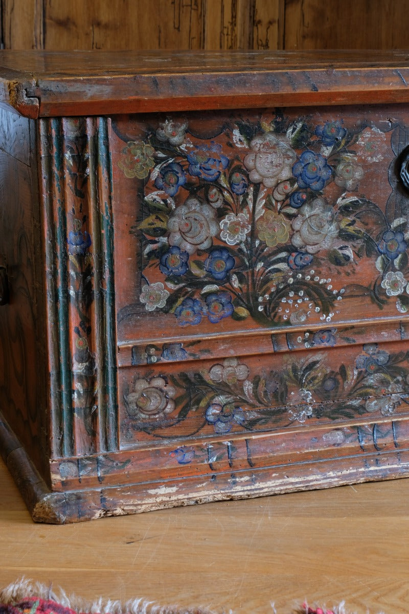 Hand Painted Folk Art Coffer Chest with A Floral Design