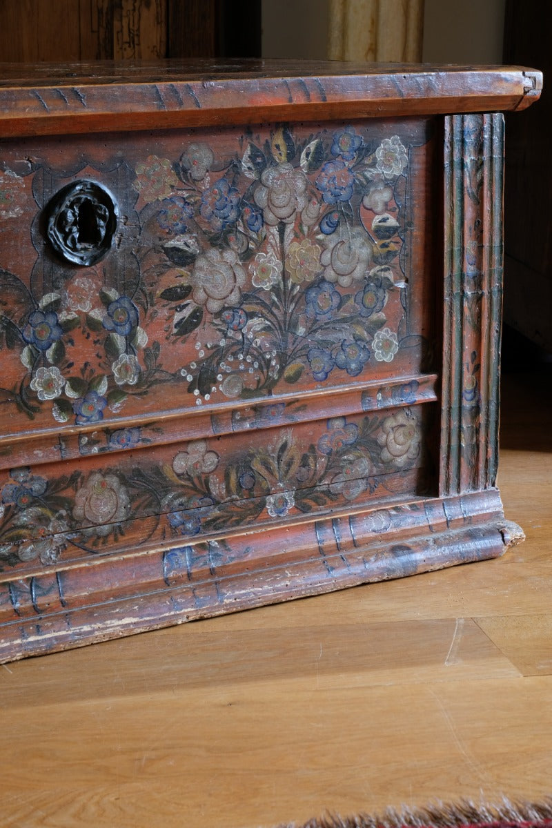 Hand Painted Folk Art Coffer Chest with A Floral Design