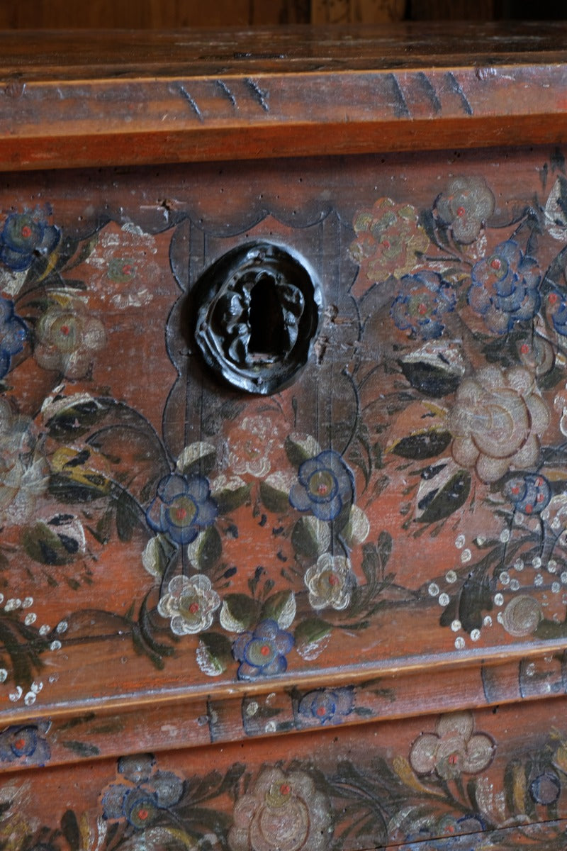 Hand Painted Folk Art Coffer Chest with A Floral Design