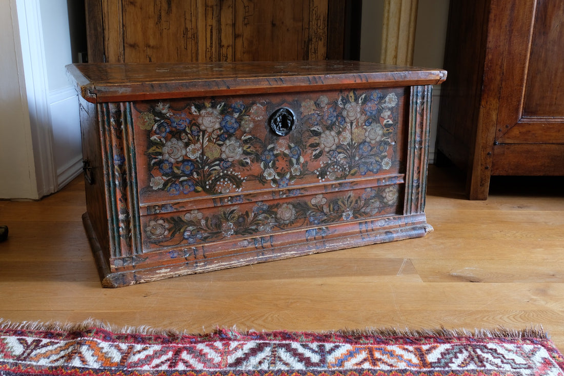 Hand Painted Folk Art Coffer Chest with A Floral Design