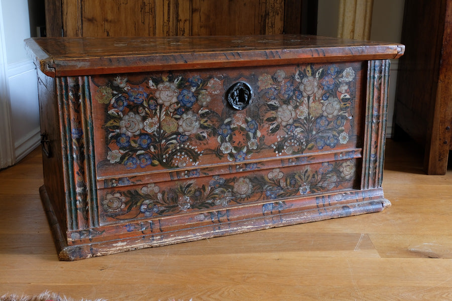 Hand Painted Folk Art Coffer Chest with A Floral Design