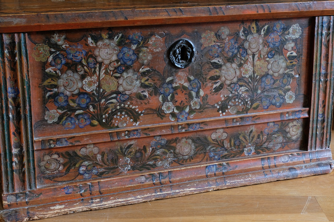 Hand Painted Folk Art Coffer Chest with A Floral Design