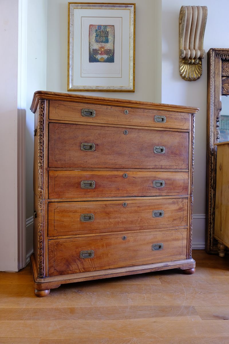 Camphor Wood Campaign Secretaire Chest by Phelps Ltd. with Fitted Writing Desk and Original Label