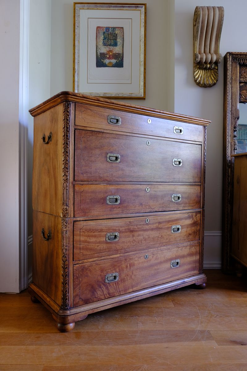 side shot of the Camphor Wood Campaign Secretaire Chest by Phelps Ltd., c.1890–1915