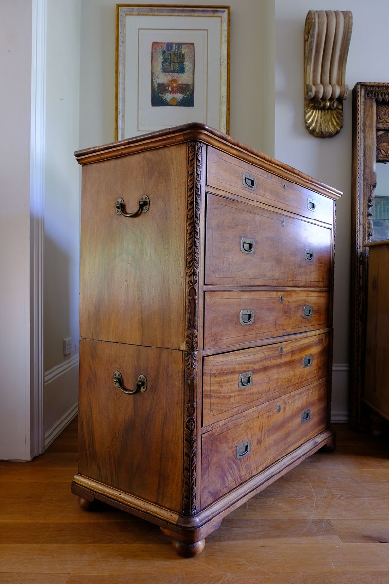 Side brass handle view of the Camphor Wood Campaign Secretaire Chest by Phelps Ltd., c.1890–1915 
