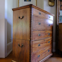 Side brass handle view of the Camphor Wood Campaign Secretaire Chest by Phelps Ltd., c.1890–1915 