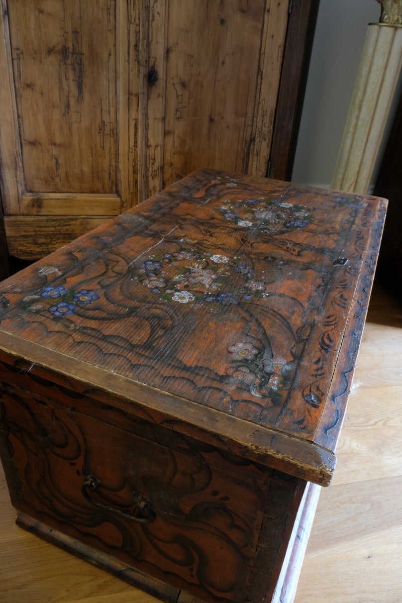 Hand Painted Folk Art Coffer Chest with A Floral Design