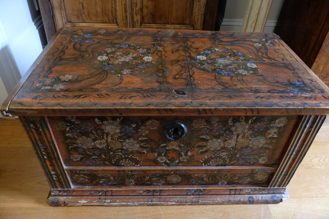 Hand Painted Folk Art Coffer Chest with A Floral Design