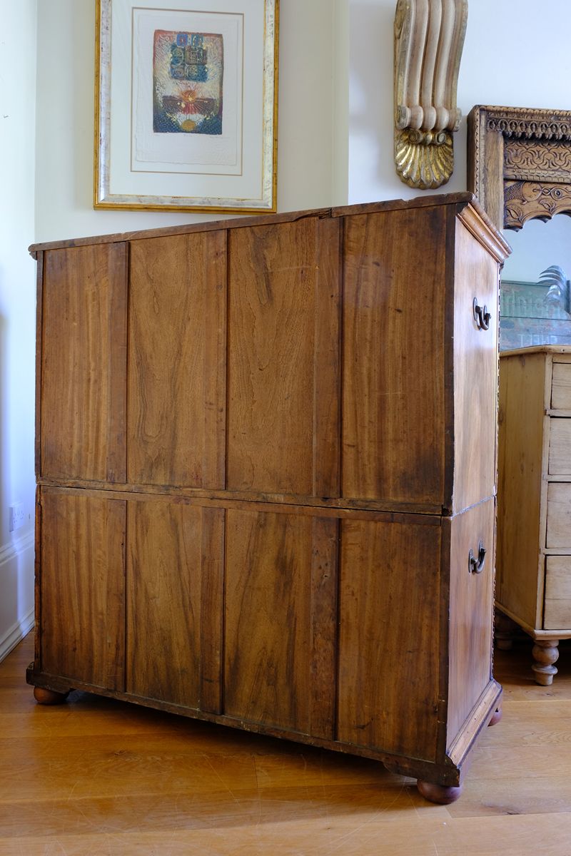 Back panel construction on the  Camphor Wood Campaign Secretaire Chest by Phelps Ltd. with Fitted Writing Desk and Original Label