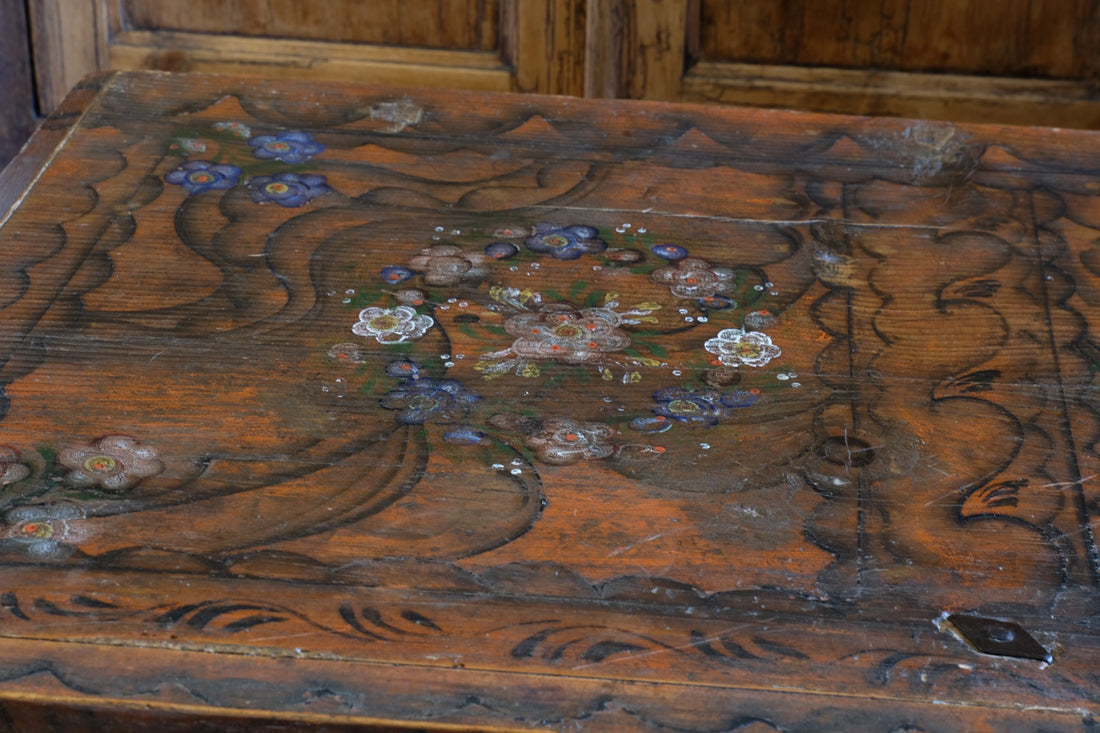 Hand Painted Folk Art Coffer Chest with A Floral Design