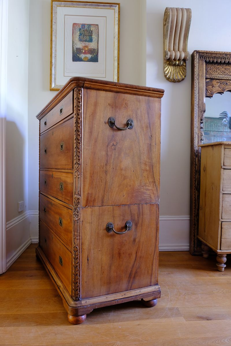 Side handles in brass on a Camphor Wood Campaign Secretaire Chest by Phelps Ltd. with Fitted Writing Desk and Original Label