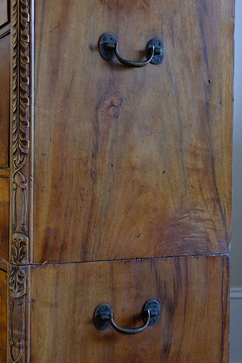Handle close up on a Camphor Wood Campaign Secretaire Chest by Phelps Ltd. with Fitted Writing Desk and Original Label