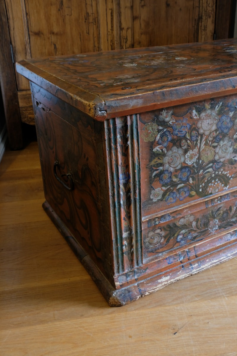 Hand Painted Folk Art Coffer Chest with A Floral Design