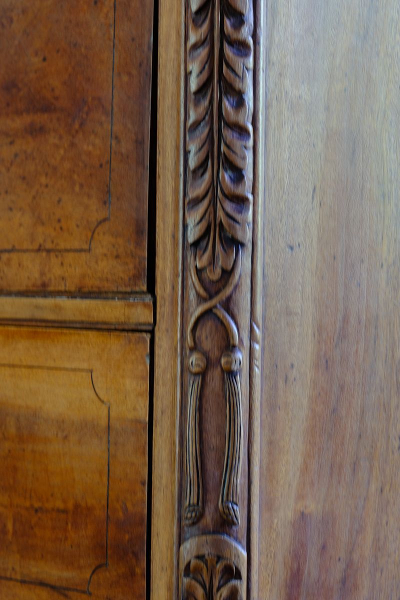 Fine PILASTER CARVING ON A Camphor Wood Campaign Secretaire Chest by Phelps Ltd. with Fitted Writing Desk and Original Label