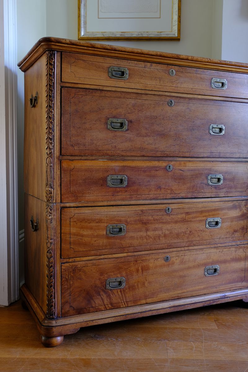 Camphor Wood Campaign Secretaire Chest by Phelps Ltd. with Fitted Writing Desk and Original Label