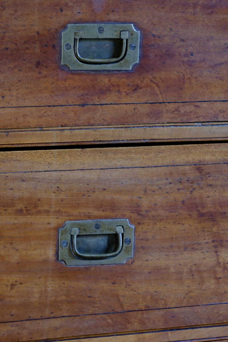 Recessed brass campaign handles on a Camphor Wood Campaign Secretaire Chest by Phelps Ltd. with Fitted Writing Desk and Original Label 