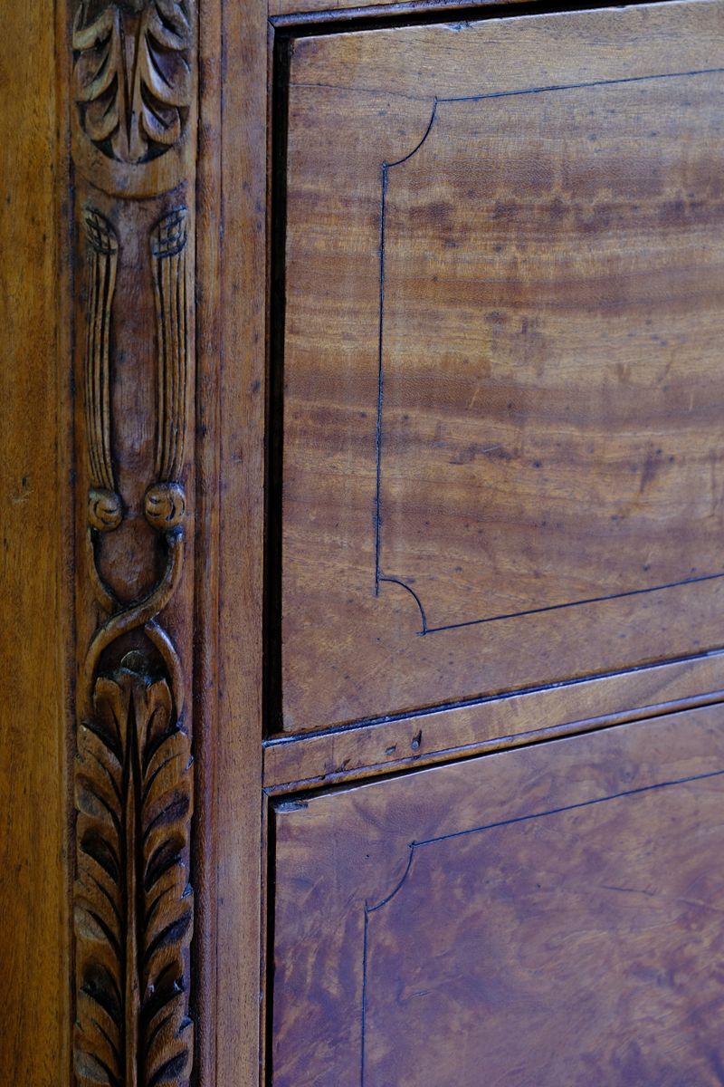 Painted coachlines on the Camphor Wood Campaign Secretaire Chest by Phelps Ltd. with Fitted Writing Desk and Original Label