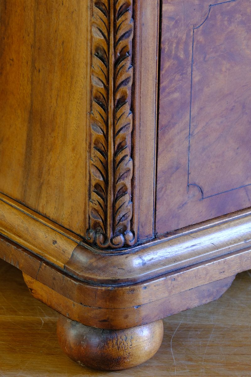 bun feet on the Camphor Wood Campaign Secretaire Chest by Phelps Ltd. with Fitted Writing Desk and Original Label