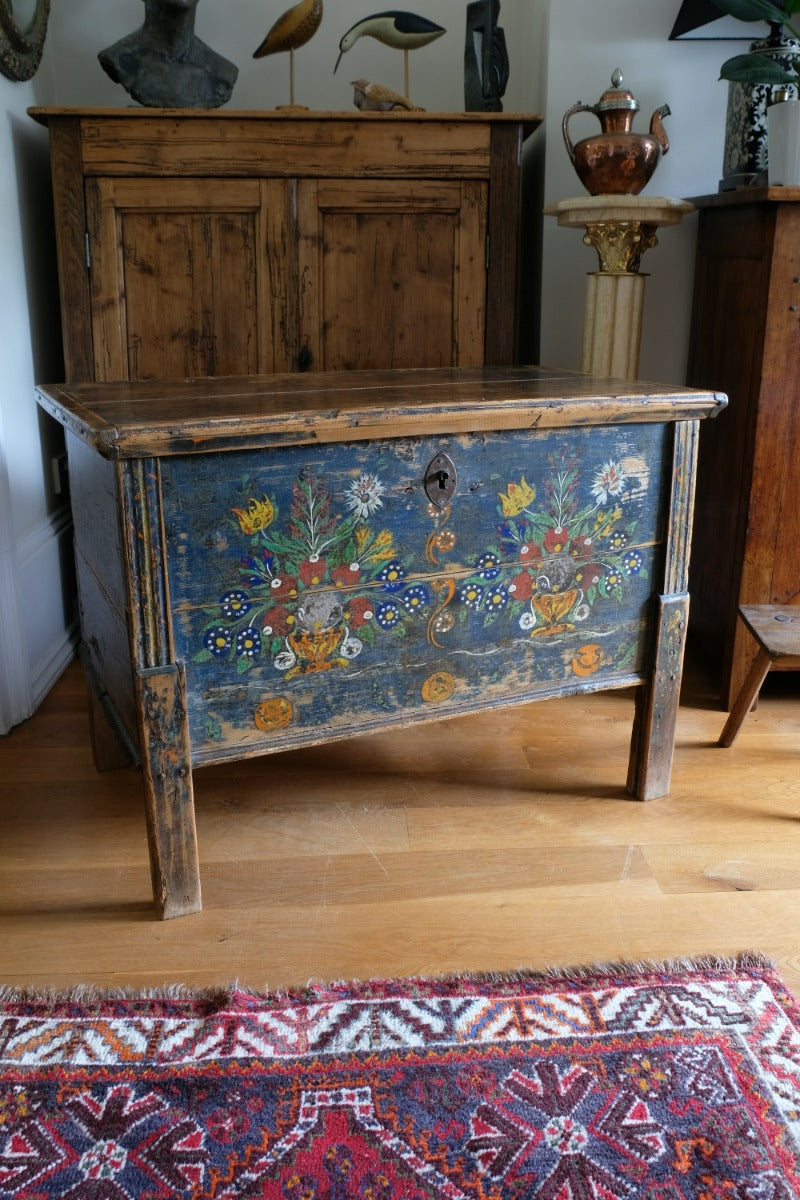 Hand-Painted Folk Art Storage Coffer Raised On Legs