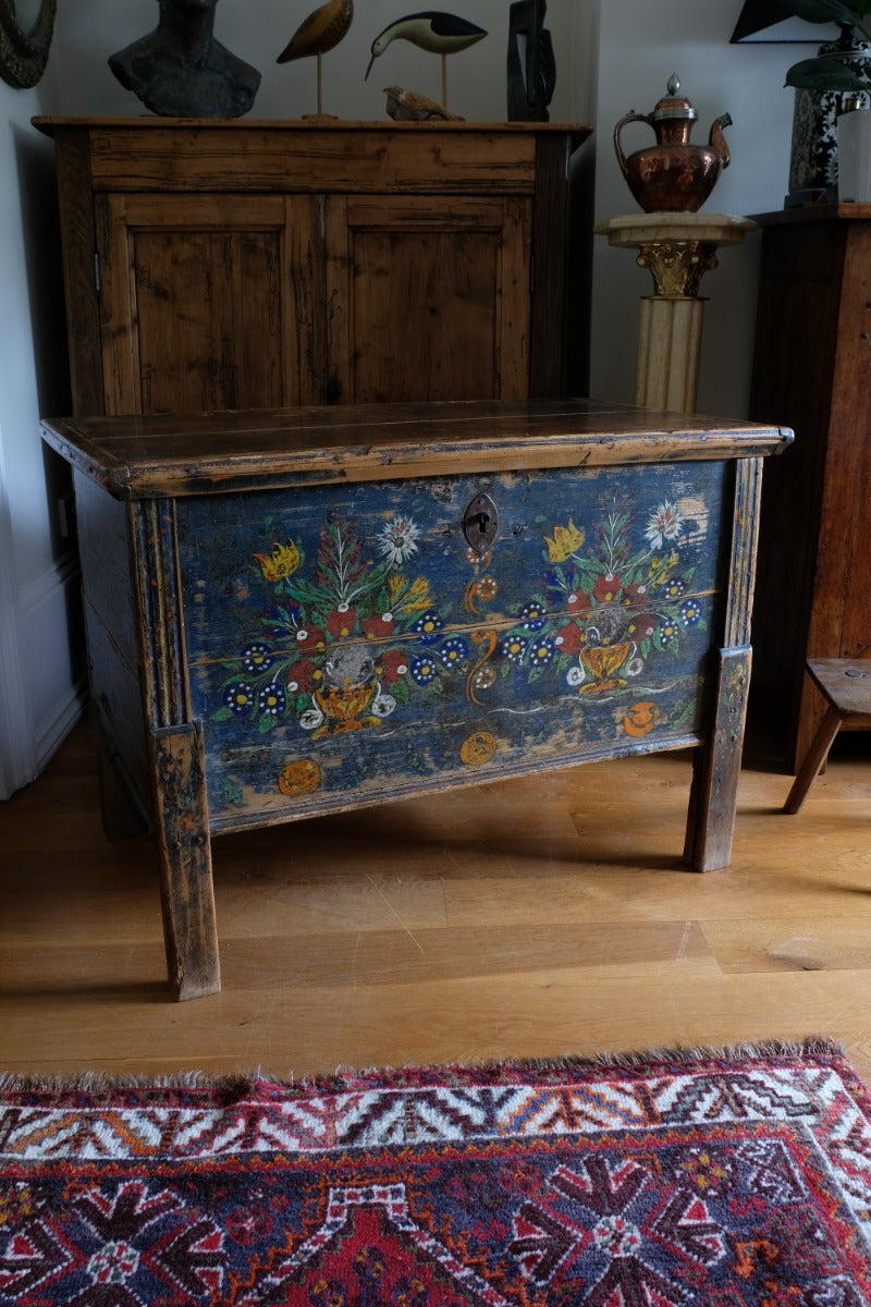 Hand-Painted Folk Art Storage Coffer Raised On Legs