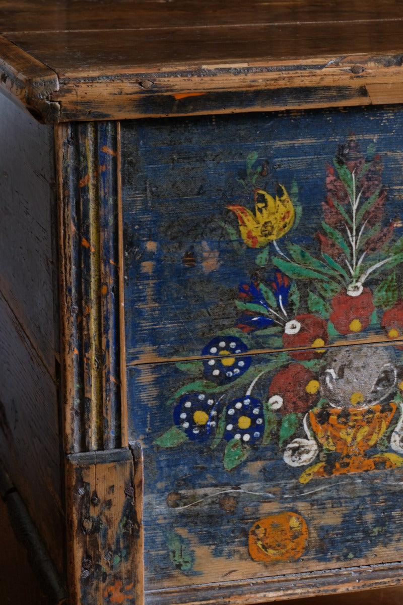 Hand-Painted Folk Art Storage Coffer Raised On Legs