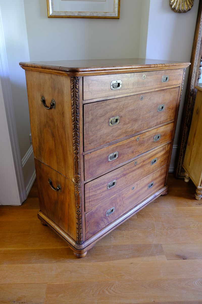 Camphor Wood Campaign Secretaire Chest by Phelps Ltd. with Fitted Writing Desk and Original Label