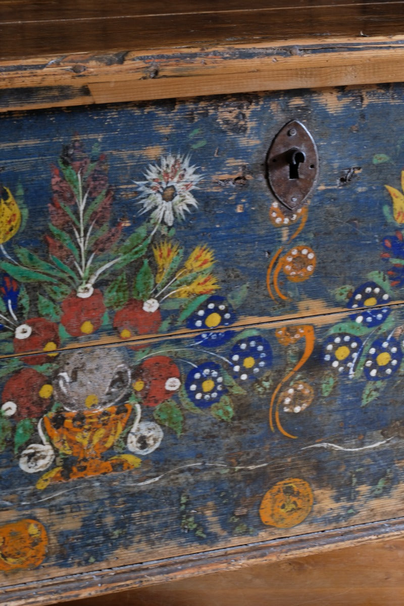 Hand-Painted Folk Art Storage Coffer Raised On Legs