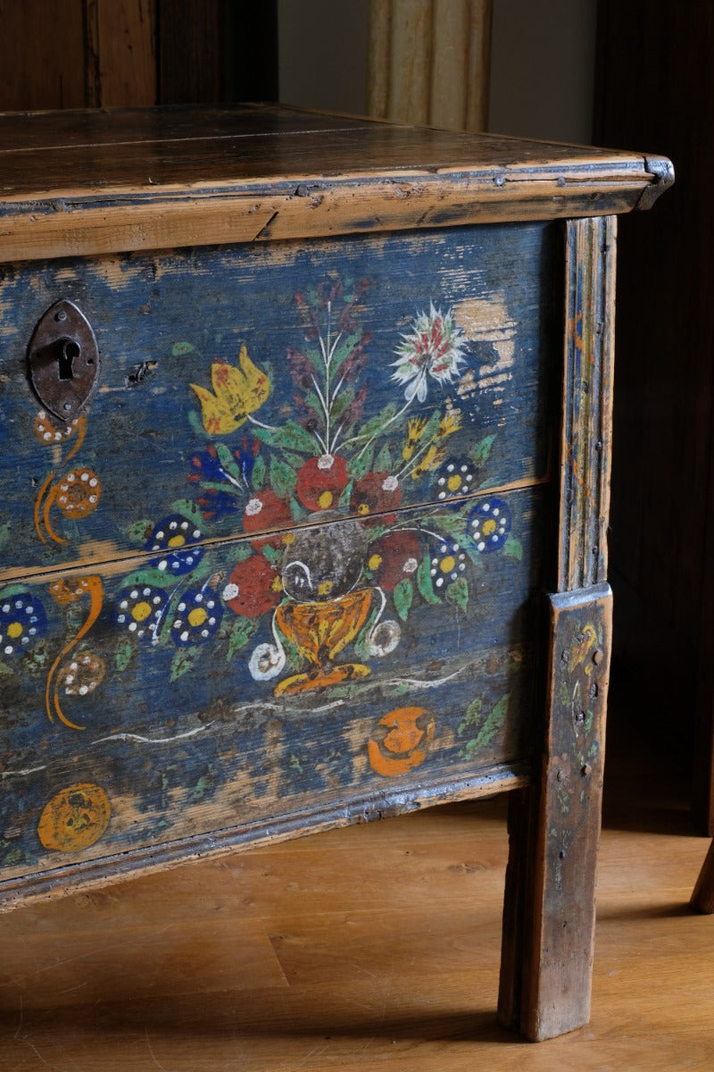 Hand-Painted Folk Art Storage Coffer Raised On Legs