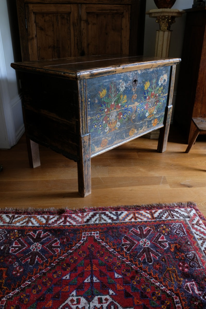 Hand-Painted Folk Art Storage Coffer Raised On Legs