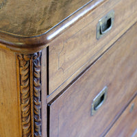 Curved corner top and carved pilaster on the Camphor Wood Campaign Secretaire Chest by Phelps Ltd. with Fitted Writing Desk and Original Label