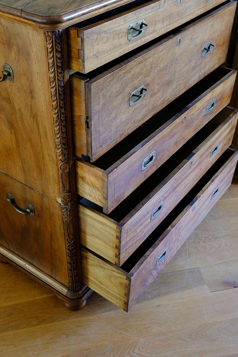 Camphor Wood Campaign Secretaire Chest by Phelps Ltd. with Fitted Writing Desk and Original Label