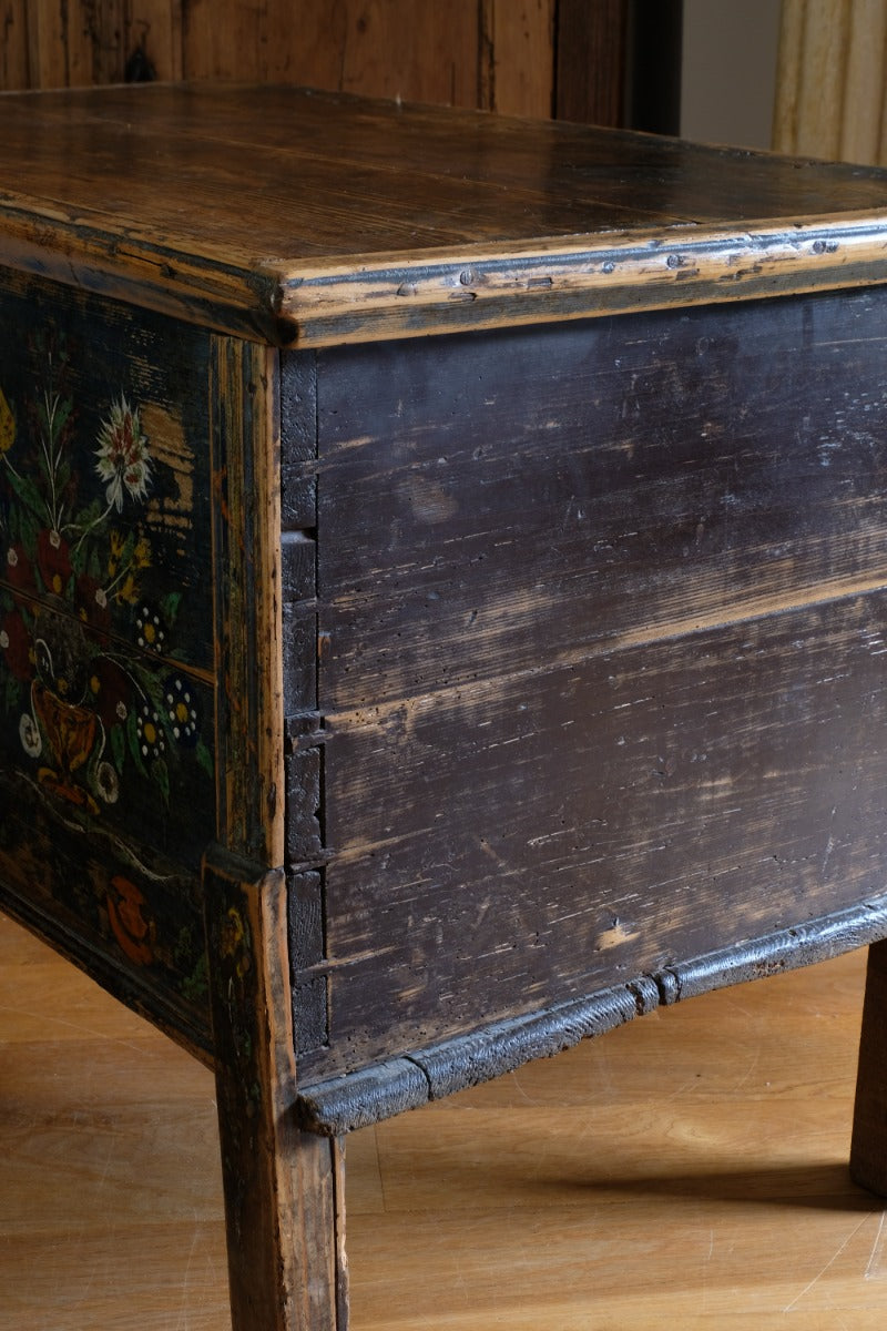 Hand-Painted Folk Art Storage Coffer Raised On Legs