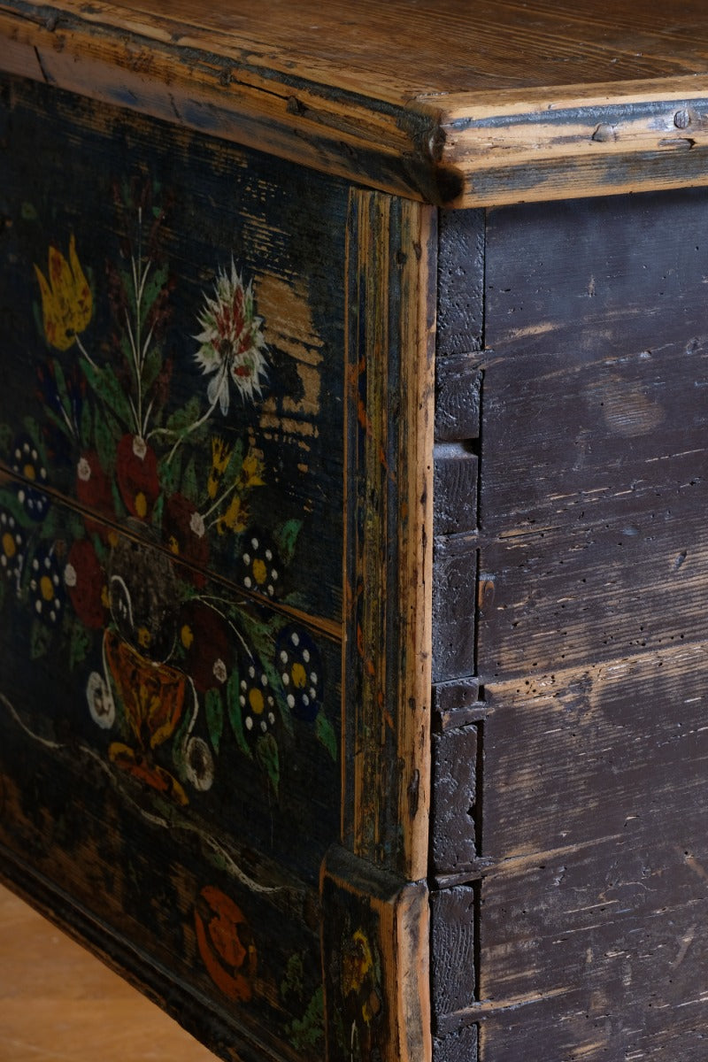 Hand-Painted Folk Art Storage Coffer Raised On Legs