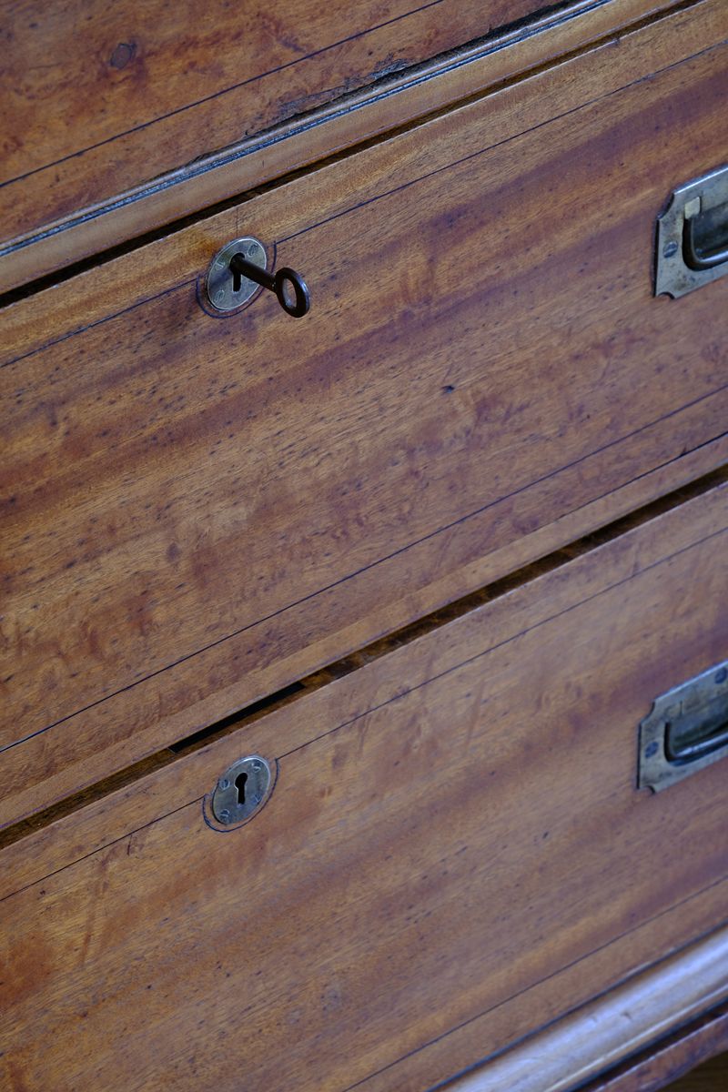 complete with key - Camphor Wood Campaign Secretaire Chest by Phelps Ltd. with Fitted Writing Desk and Original Label