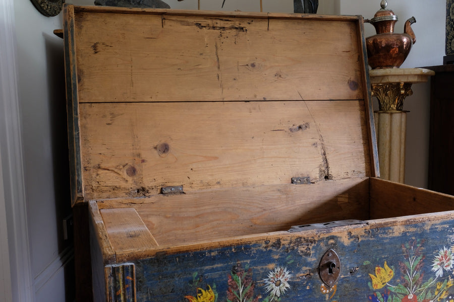 Hand-Painted Folk Art Storage Coffer Raised On Legs