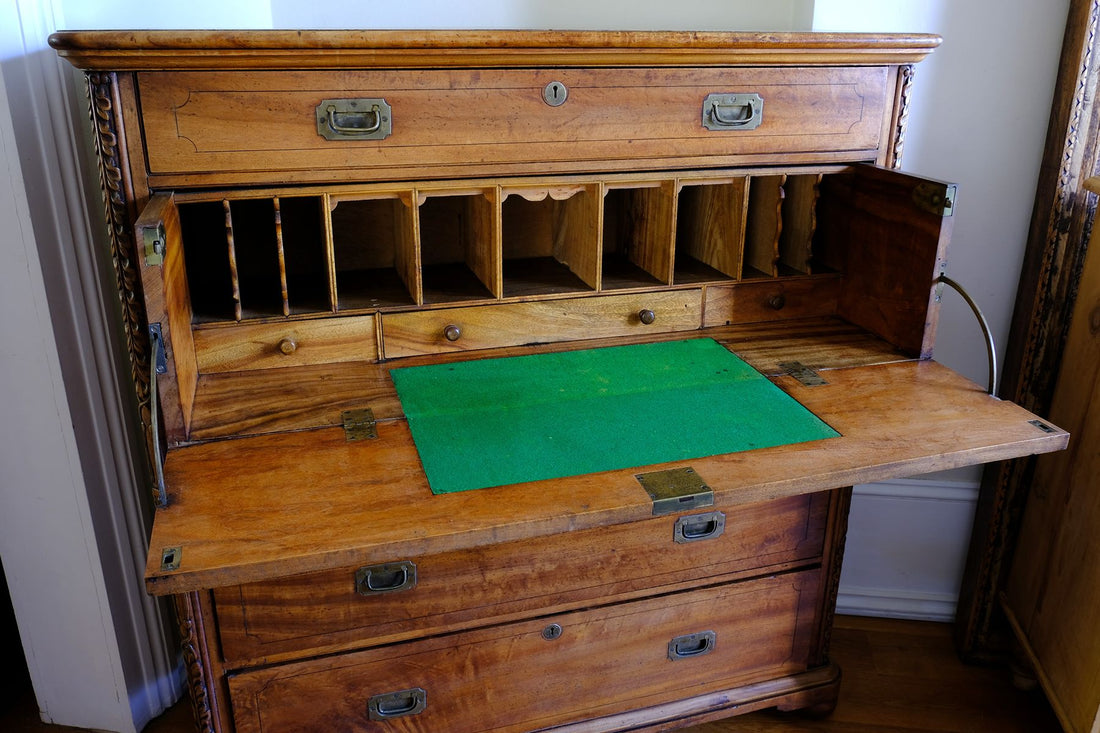Inside the Secretaire  Camphor Wood Campaign Secretaire Chest by Phelps Ltd. with Fitted Writing Desk and Original Label