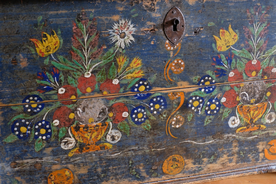 Hand-Painted Folk Art Storage Coffer Raised On Legs