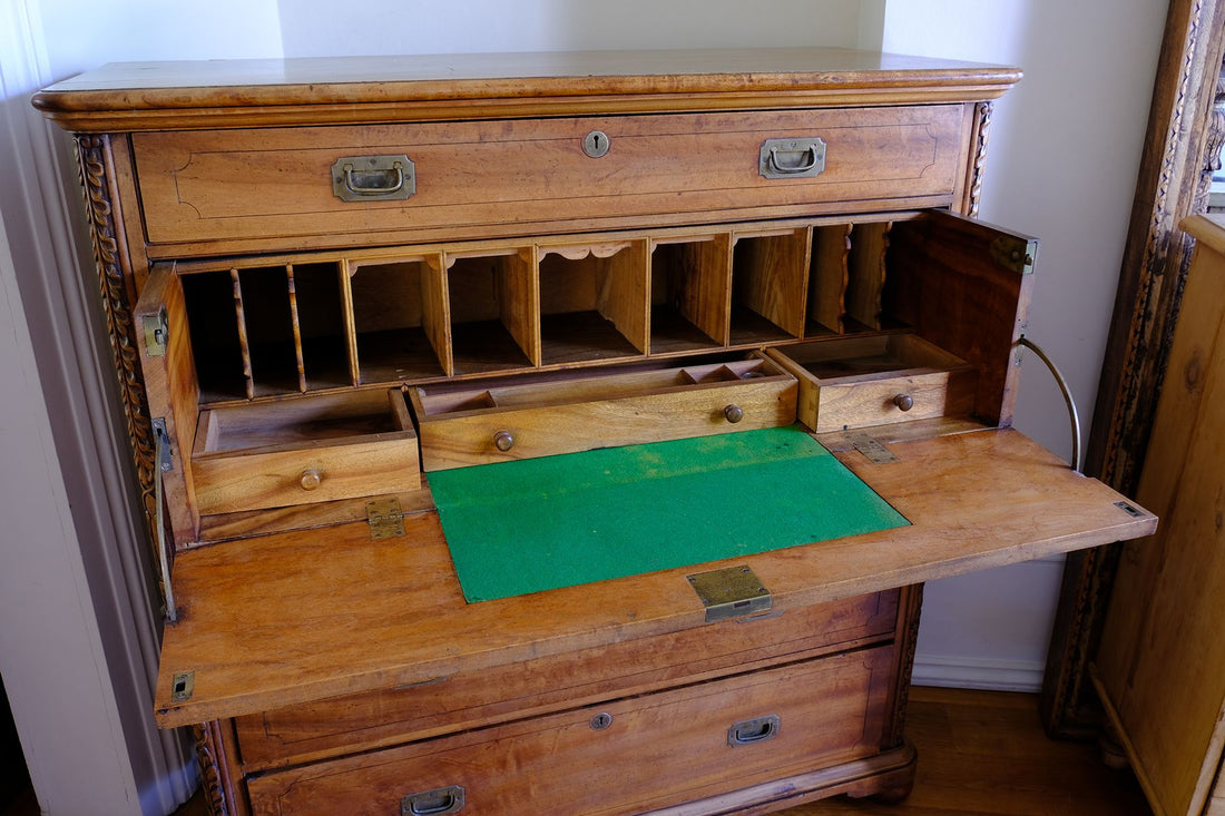 Close up internal shot of the Camphor Wood Campaign Secretaire Chest by Phelps Ltd., c.1890–1915