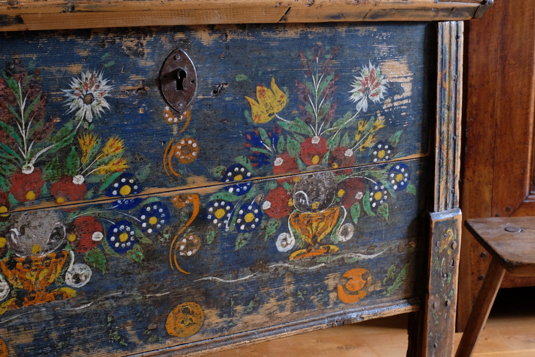 Hand-Painted Folk Art Storage Coffer Raised On Legs