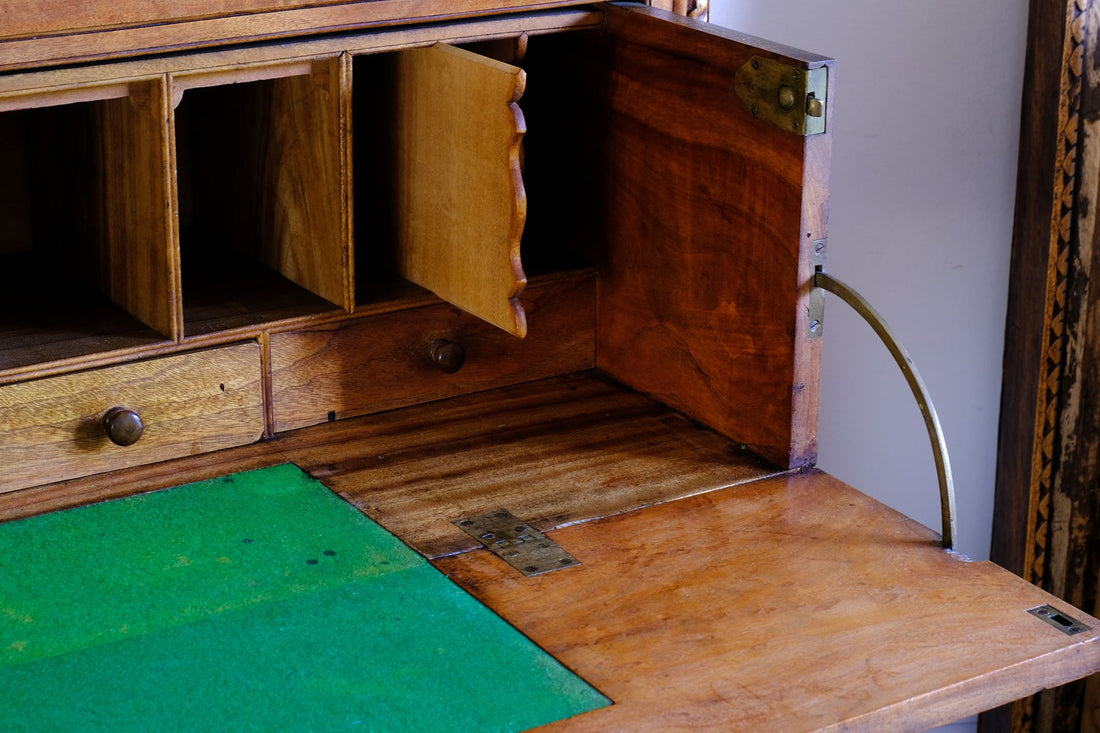 Internal divisions for the letters inside the Camphor Wood Campaign Secretaire Chest by Phelps Ltd. with Fitted Writing Desk and Original Label