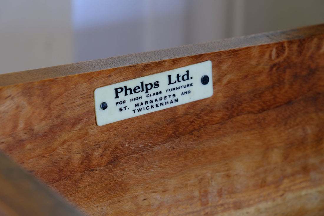 Makers label in the Camphor Wood Campaign Secretaire Chest by Phelps Ltd., c.1890–1915side the