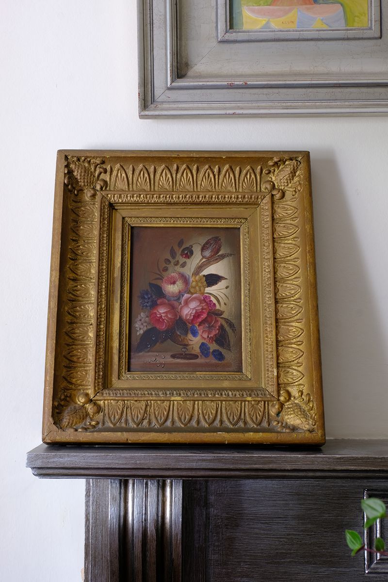 English School antique oil on board still life of garden flowers in original gilt carved frame