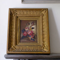 English School antique oil on board still life of garden flowers in original gilt carved frame