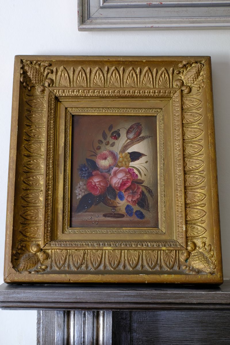 English School antique oil on board still life of garden flowers in original gilt carved frame