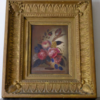 English School antique oil on board still life of garden flowers in original gilt carved frame